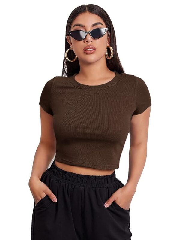 Aahwan Black Solid Ribbed Slim Fit Baby Tee Crop Top for Women's & Girls