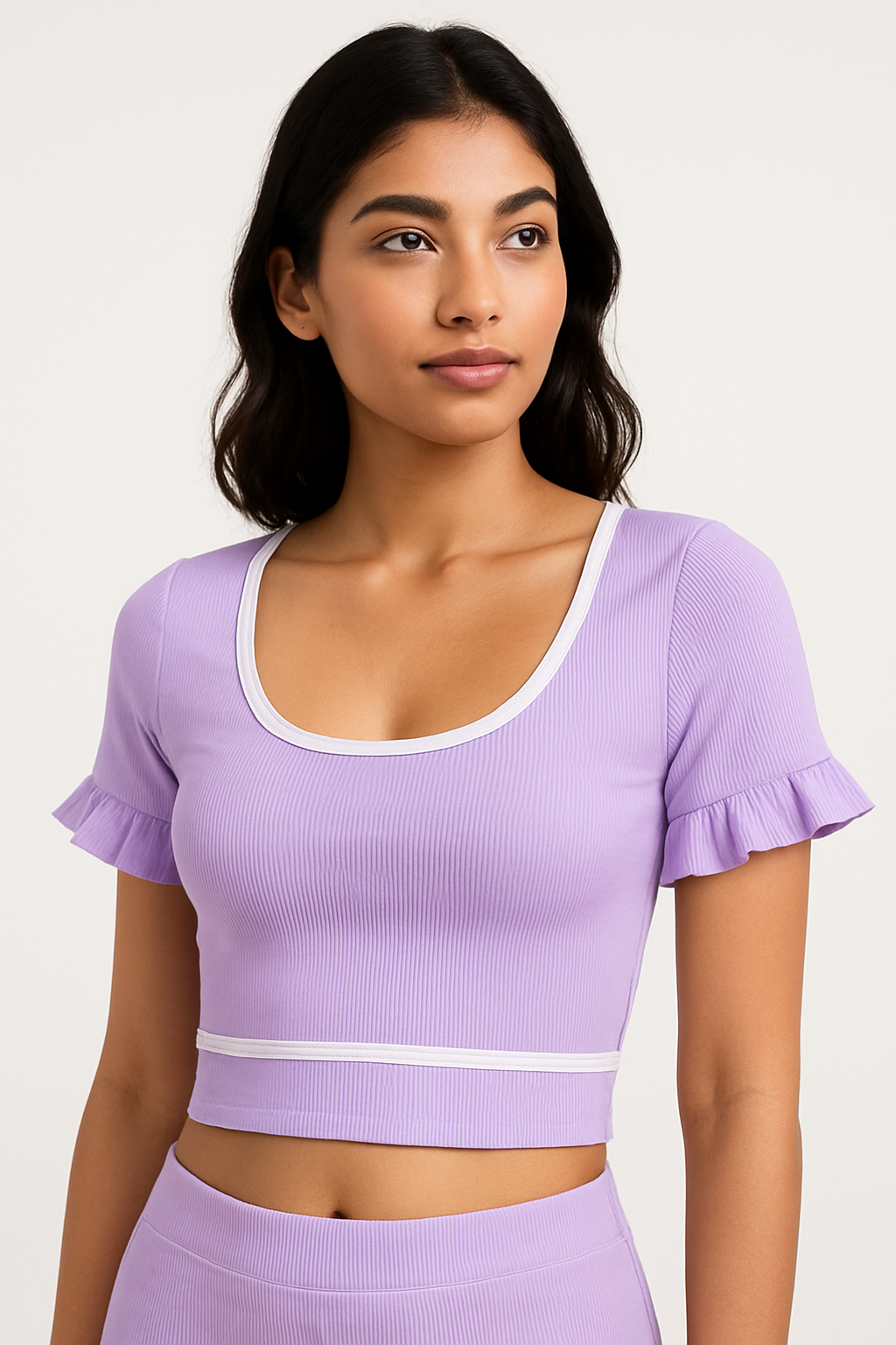 Lavender Ribbed Ruffle Sleeve Crop Top